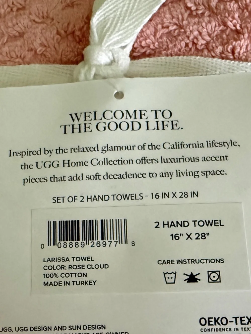 UGG set of 2 Hand Towels Fringed Textured Rose Cloud